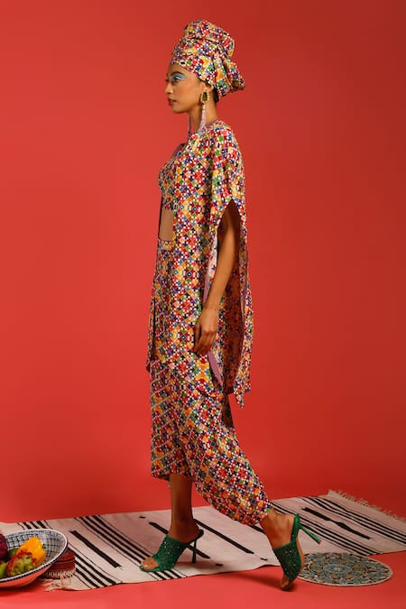 Shop_Label Shristi Chetani_Multi Color Natural Crepe Digital Halter Print Cape With Pant Set _Online_at_Aza_Fashions