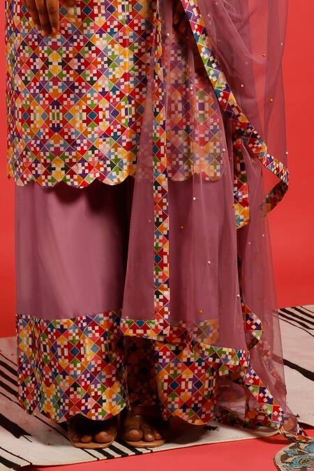 Label Shristi Chetani_Multi Color Chanderi, Soft Net Floral V Neck Kurta Set _Online_at_Aza_Fashions