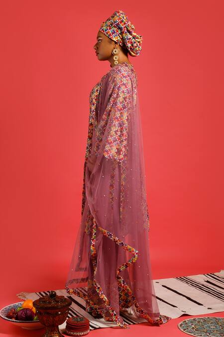 Shop_Label Shristi Chetani_Multi Color Chanderi, Soft Net Floral V Neck Kurta Set _Online_at_Aza_Fashions