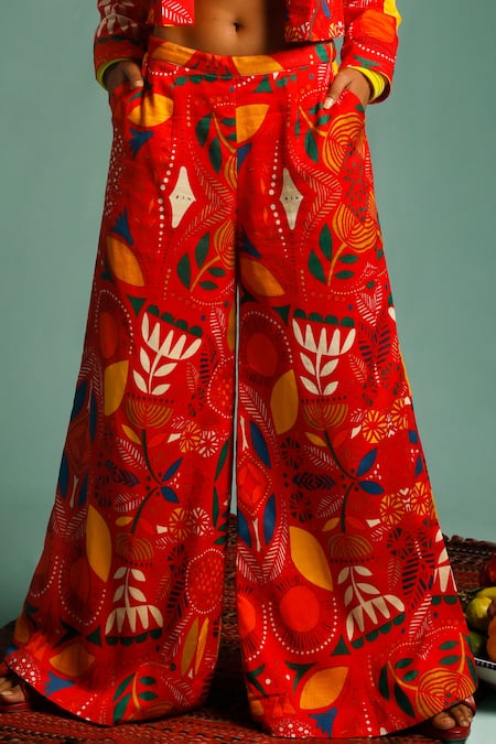 Shop_Label Shristi Chetani_Multi Color Chanderi Floral Square Neck Print Blazer With Palazzo Set _Online_at_Aza_Fashions