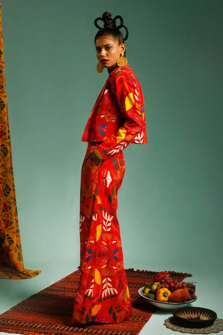 Buy_Label Shristi Chetani_Multi Color Chanderi Floral Square Neck Print Blazer With Palazzo Set _Online_at_Aza_Fashions