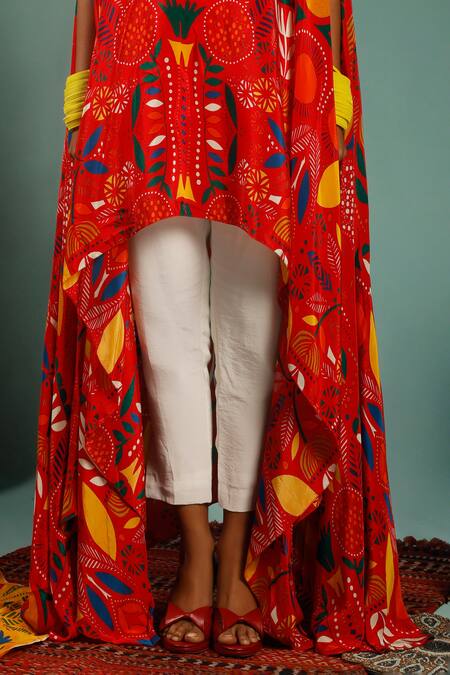 Label Shristi Chetani_Red Natural Crepe Floral Round Printed Asymmetric Draped Top And Pant Set_Online_at_Aza_Fashions