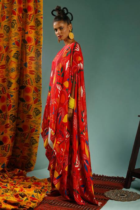 Shop_Label Shristi Chetani_Red Natural Crepe Floral Round Printed Asymmetric Draped Top And Pant Set_Online_at_Aza_Fashions