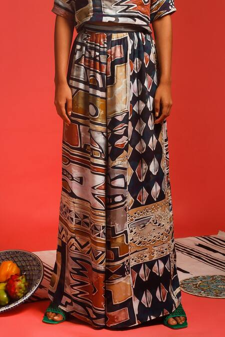 Label Shristi Chetani_Multi Color Natural Crepe Digital Round Print Top And Pant Set_Online_at_Aza_Fashions