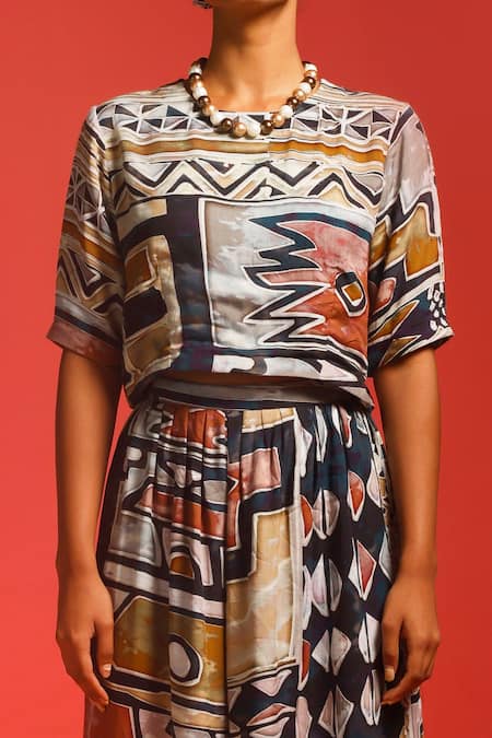 Buy_Label Shristi Chetani_Multi Color Natural Crepe Digital Round Print Top And Pant Set_Online_at_Aza_Fashions
