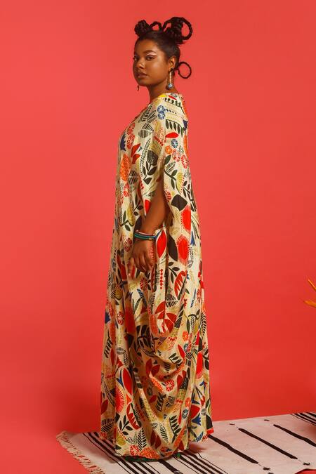 Buy_Label Shristi Chetani_Yellow Natural Crepe Digital Round Print Draped Gown _Online_at_Aza_Fashions