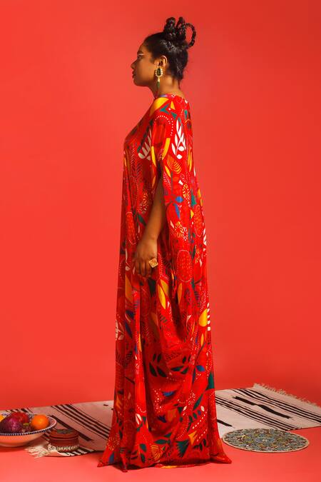 Buy_Label Shristi Chetani_Red Natural Crepe Digital Round Print Side-draped Gown _Online_at_Aza_Fashions
