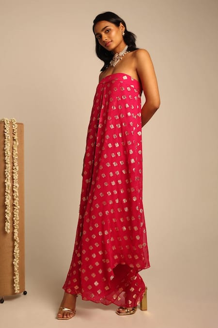 Style Junkiie_Fuchsia Georgette Tassels Square Neck Flared Tube Jumpsuit _Online_at_Aza_Fashions