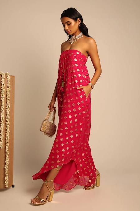 Buy_Style Junkiie_Fuchsia Georgette Tassels Square Neck Flared Tube Jumpsuit _Online_at_Aza_Fashions