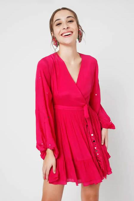 Style Junkiie_Fuchsia Crepe Embroidery V-neck Wrap Short Dress _at_Aza_Fashions