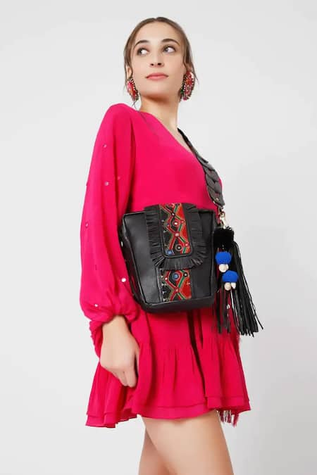 Style Junkiie_Fuchsia Crepe Embroidery V-neck Wrap Short Dress _Online_at_Aza_Fashions