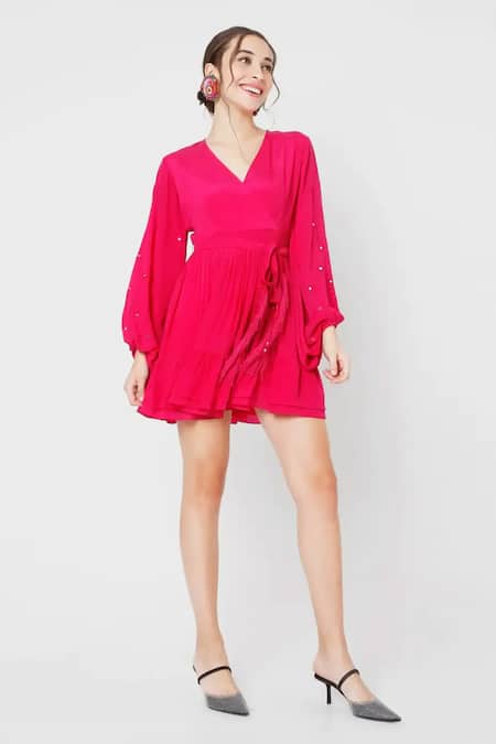 Shop_Style Junkiie_Fuchsia Crepe Embroidery V-neck Wrap Short Dress _Online_at_Aza_Fashions