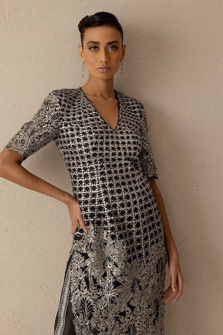 Buy_Varun Nidhika_Black Silk Organza Embroidery V-neck Kiara Kaftan Dress _Online_at_Aza_Fashions