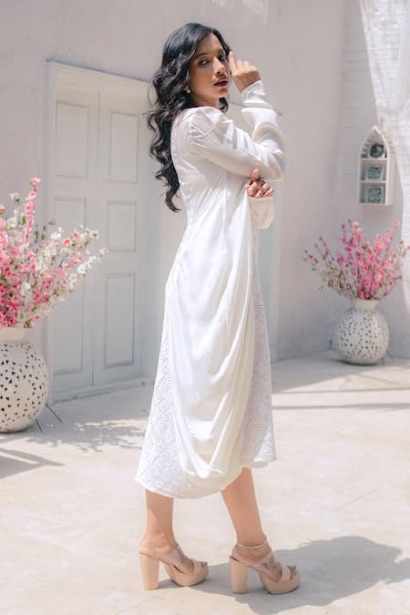 Monk & Mei By Sonia Anand White Georgette Embroidery Square Neck Fatima Chikankari Cowl Dress Online at Aza Fashions Monk & Mei By Sonia Anand_White Georgette Embroidery Square Neck Fatima Chikankari Cowl Dress _Online_at_Aza_Fashions