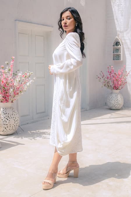 Buy Monk & Mei By Sonia Anand White Georgette Embroidery Square Neck Fatima Chikankari Cowl Dress Online at Aza Fashions Buy_Monk & Mei By Sonia Anand_White Georgette Embroidery Square Neck Fatima Chikankari Cowl Dress _Online_at_Aza_Fashions