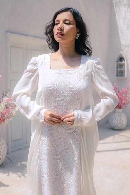 Shop Monk & Mei By Sonia Anand White Georgette Embroidery Square Neck Fatima Chikankari Cowl Dress Online at Aza Fashions Shop_Monk & Mei By Sonia Anand_White Georgette Embroidery Square Neck Fatima Chikankari Cowl Dress _Online_at_Aza_Fashions