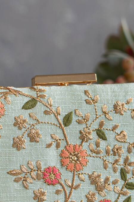 Buy_Amyra_Green Embroidery, Zari, Sequins Floral Creeper Thread Box Clutch_Online_at_Aza_Fashions