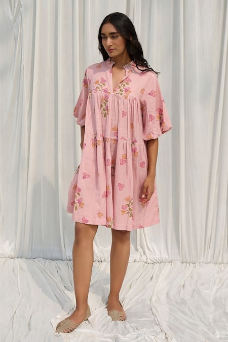 Ayaka Pink Cotton Collared Floral Print Gathered Dress Online at Aza Fashions Ayaka_Pink Cotton Collared Floral Print Gathered Dress _Online_at_Aza_Fashions