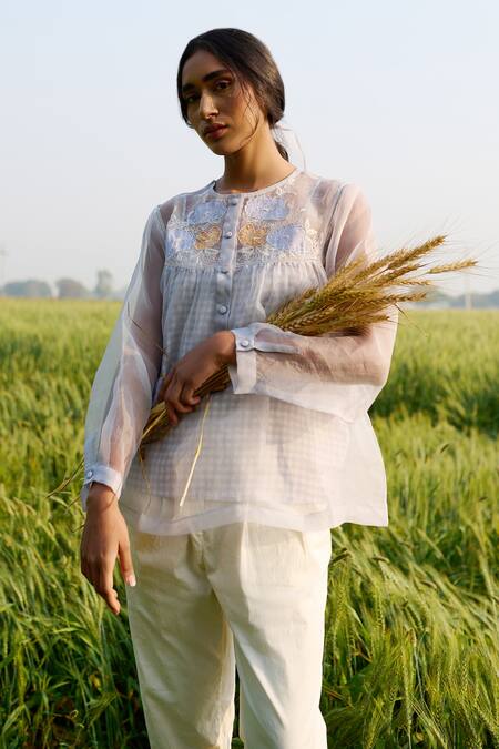 Buy Ayaka Blue Silk Organza, Cotton Embroidery Round Neck Floral Applique Top Buy_Ayaka_Blue Silk Organza, Cotton Embroidery Round Neck Floral Applique Top