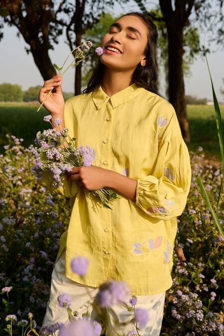 Ayaka_Yellow Cotton Embroidery Collared Applique Shirt _at_Aza_Fashions