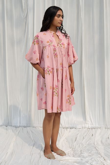 Buy Ayaka Pink Cotton Collared Floral Print Gathered Dress Online at Aza Fashions Buy_Ayaka_Pink Cotton Collared Floral Print Gathered Dress _Online_at_Aza_Fashions