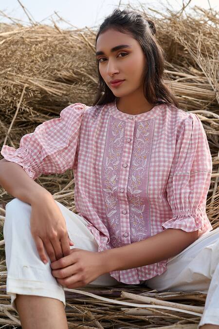 Buy Ayaka Pink Cotton Embroidery Round Neck Printed Top Buy_Ayaka_Pink Cotton Embroidery Round Neck Printed Top