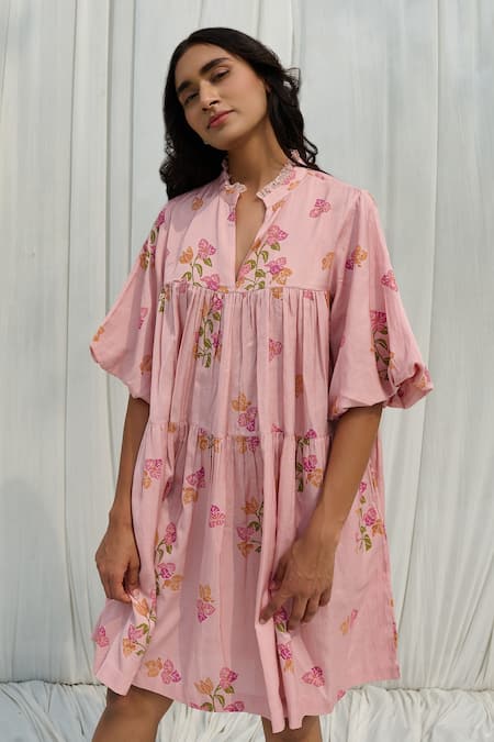 Shop Ayaka Pink Cotton Collared Floral Print Gathered Dress Online at Aza Fashions Shop_Ayaka_Pink Cotton Collared Floral Print Gathered Dress _Online_at_Aza_Fashions