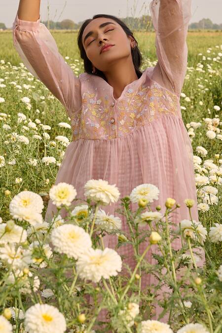 Shop Ayaka Pink Silk Organza, Cotton Tassels, Embroidery V-neck Floral Dress Online at Aza Fashions Shop_Ayaka_Pink Silk Organza, Cotton Tassels, Embroidery V-neck Floral Dress _Online_at_Aza_Fashions