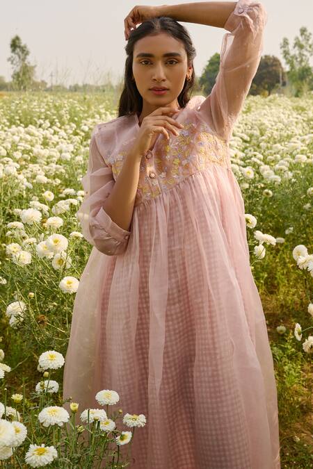 Ayaka Pink Silk Organza, Cotton Tassels, Embroidery V-neck Floral Dress at Aza Fashions Ayaka_Pink Silk Organza, Cotton Tassels, Embroidery V-neck Floral Dress _at_Aza_Fashions