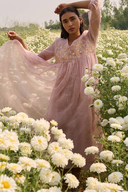 Buy Ayaka Pink Silk Organza, Cotton Tassels, Embroidery V-neck Floral Dress Buy_Ayaka_Pink Silk Organza, Cotton Tassels, Embroidery V-neck Floral Dress