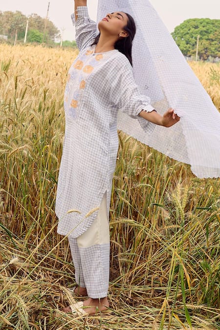 Ayaka_Blue Cotton Embroidery Round Neck Checkered Hand Block Print Tunic _at_Aza_Fashions