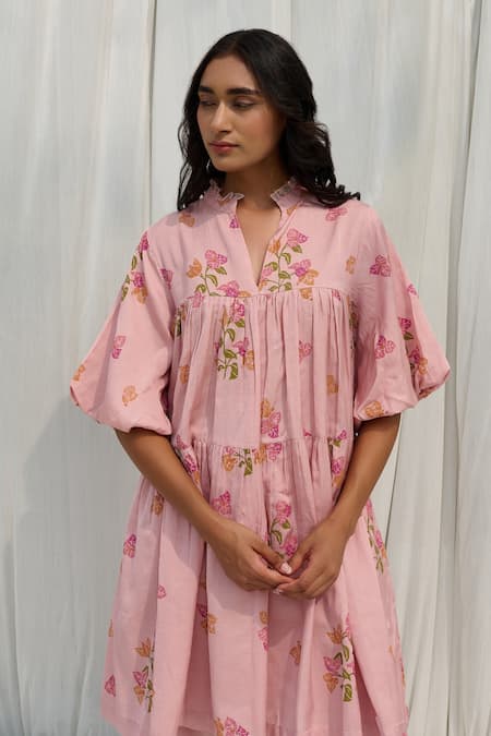 Ayaka Pink Cotton Collared Floral Print Gathered Dress at Aza Fashions Ayaka_Pink Cotton Collared Floral Print Gathered Dress _at_Aza_Fashions