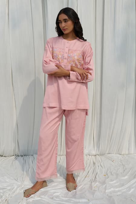 Buy Ayaka Pink Cotton Embroidery Round Neck Floral Top Online at Aza Fashions Buy_Ayaka_Pink Cotton Embroidery Round Neck Floral Top _Online_at_Aza_Fashions