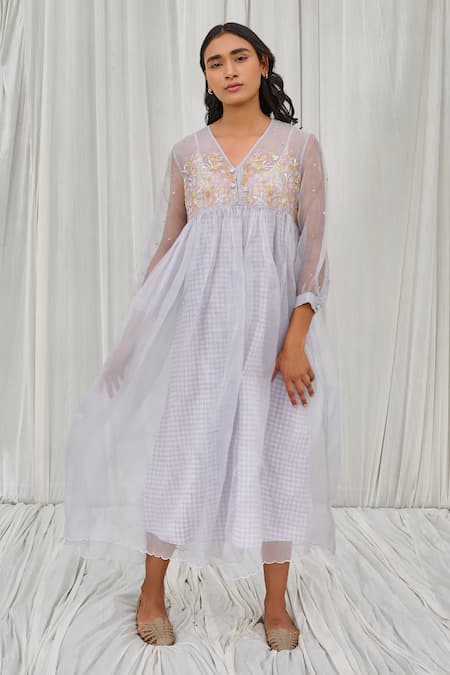 Buy Ayaka Blue Silk Organza Embroidery V-neck Floral Dress Online at Aza Fashions Buy_Ayaka_Blue Silk Organza Embroidery V-neck Floral Dress _Online_at_Aza_Fashions