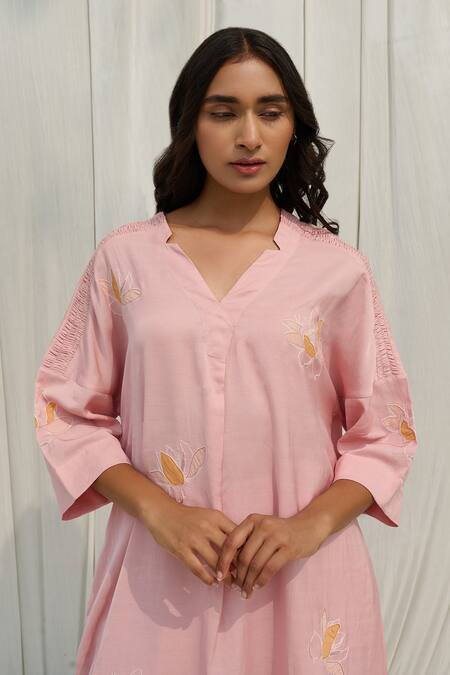 Buy Ayaka Pink Cotton Embroidery V-neck Applique Dress Online at Aza Fashions Buy_Ayaka_Pink Cotton Embroidery V-neck Applique Dress _Online_at_Aza_Fashions