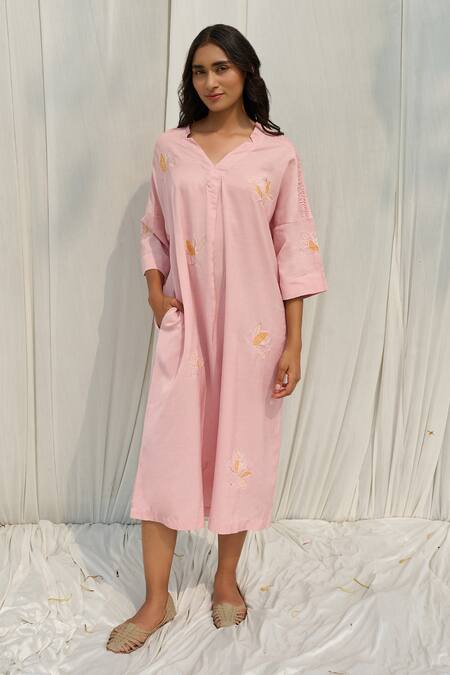 Shop Ayaka Pink Cotton Embroidery V-neck Applique Dress Online at Aza Fashions Shop_Ayaka_Pink Cotton Embroidery V-neck Applique Dress _Online_at_Aza_Fashions