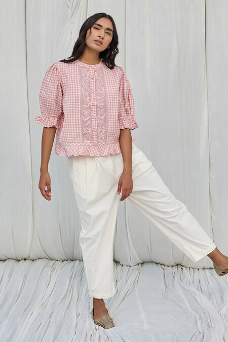 Ayaka Pink Cotton Embroidery Round Neck Printed Top Online at Aza Fashions Ayaka_Pink Cotton Embroidery Round Neck Printed Top _Online_at_Aza_Fashions