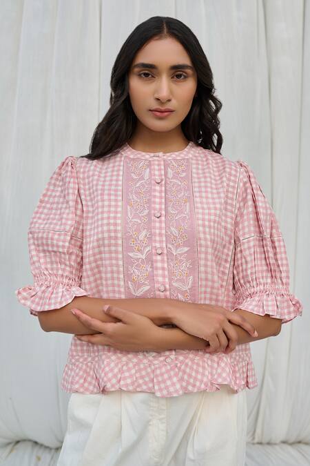 Buy Ayaka Pink Cotton Embroidery Round Neck Printed Top Online at Aza Fashions Buy_Ayaka_Pink Cotton Embroidery Round Neck Printed Top _Online_at_Aza_Fashions