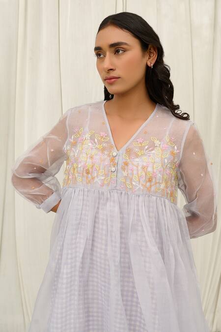 Shop Ayaka Blue Silk Organza Embroidery V-neck Floral Dress Online at Aza Fashions Shop_Ayaka_Blue Silk Organza Embroidery V-neck Floral Dress _Online_at_Aza_Fashions