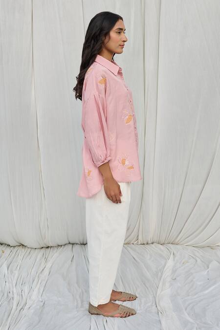 Ayaka_Pink 100% Organic Cotton Made With Soyabean Fibres Embroidered Applique Flower _Online_at_Aza_Fashions