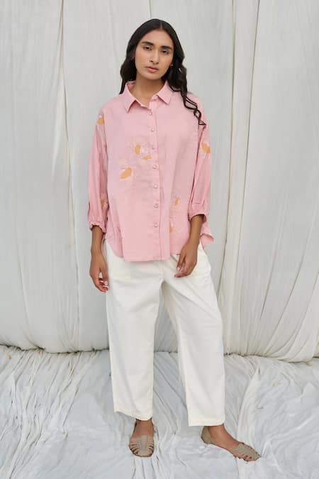 Buy_Ayaka_Pink 100% Organic Cotton Made With Soyabean Fibres Embroidered Applique Flower _Online_at_Aza_Fashions