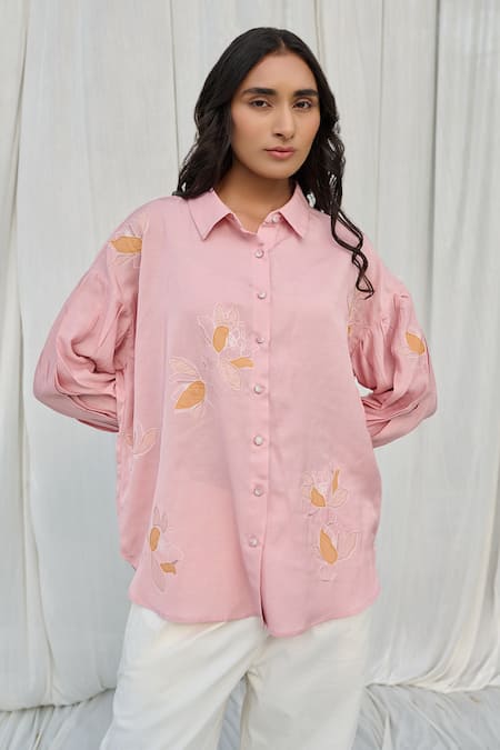 Shop_Ayaka_Pink 100% Organic Cotton Made With Soyabean Fibres Embroidered Applique Flower _Online_at_Aza_Fashions