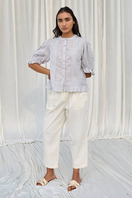 Ayaka Blue Cotton Embroidery Round Neck Puff Sleeve Printed Top Online at Aza Fashions Ayaka_Blue Cotton Embroidery Round Neck Puff Sleeve Printed Top _Online_at_Aza_Fashions