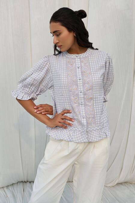 Ayaka Blue Cotton Embroidery Round Neck Puff Sleeve Printed Top at Aza Fashions Ayaka_Blue Cotton Embroidery Round Neck Puff Sleeve Printed Top _at_Aza_Fashions