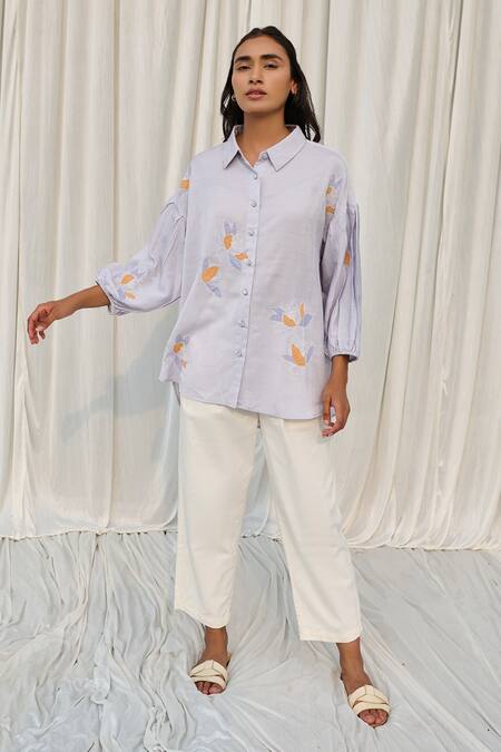 Ayaka Blue Cotton Embroidery Collared Shirt Online at Aza Fashions Ayaka_Blue Cotton Embroidery Collared Shirt _Online_at_Aza_Fashions