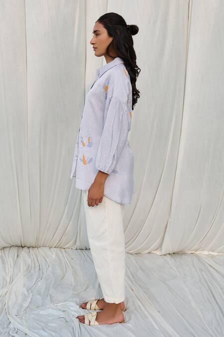 Buy Ayaka Blue Cotton Embroidery Collared Shirt Online at Aza Fashions Buy_Ayaka_Blue Cotton Embroidery Collared Shirt _Online_at_Aza_Fashions