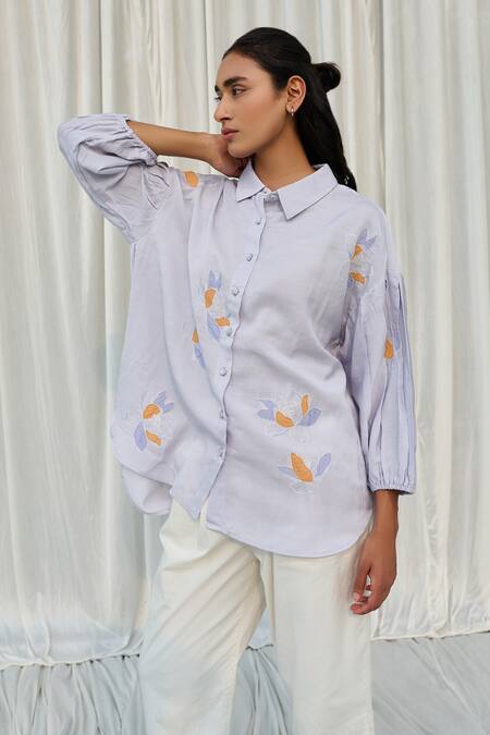Shop Ayaka Blue Cotton Embroidery Collared Shirt Online at Aza Fashions Shop_Ayaka_Blue Cotton Embroidery Collared Shirt _Online_at_Aza_Fashions