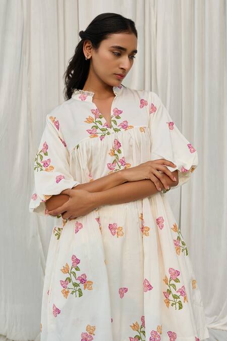 Buy Ayaka White Cotton Lace Collared Floral Print Dress Online at Aza Fashions Buy_Ayaka_White Cotton Lace Collared Floral Print Dress _Online_at_Aza_Fashions