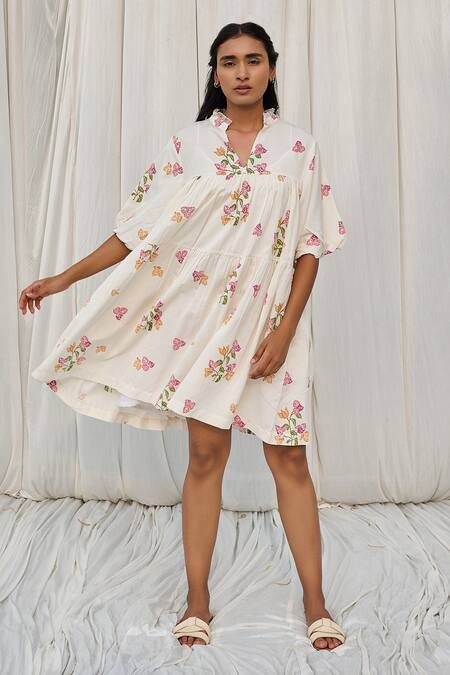 Shop Ayaka White Cotton Lace Collared Floral Print Dress Online at Aza Fashions Shop_Ayaka_White Cotton Lace Collared Floral Print Dress _Online_at_Aza_Fashions