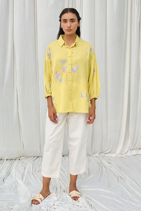 Ayaka_Yellow Cotton Embroidery Collared Applique Shirt _Online_at_Aza_Fashions